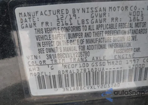 2020 Nissan Sentra Sv Xtronic Cvt z USA, uszkodzony, nr VIN 3N1AB8CVXLY205780